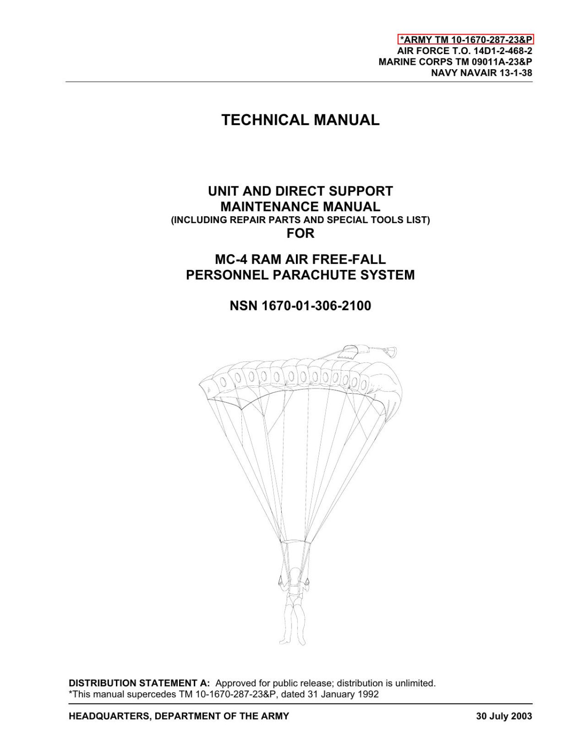 Technical Manual Unit And Direct Support Maintenance Manual For Mc4 Ram Air Freefall Personnel Parachute System Logsa