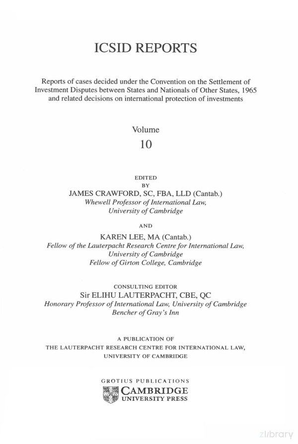Icsid Reports Volume 10jamescrawfordandkaren 2006th Edition Lee