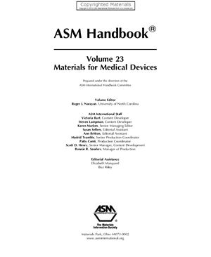 Asm Handbook Volume 23 Materials For Medical Devices 1st Edition Asm