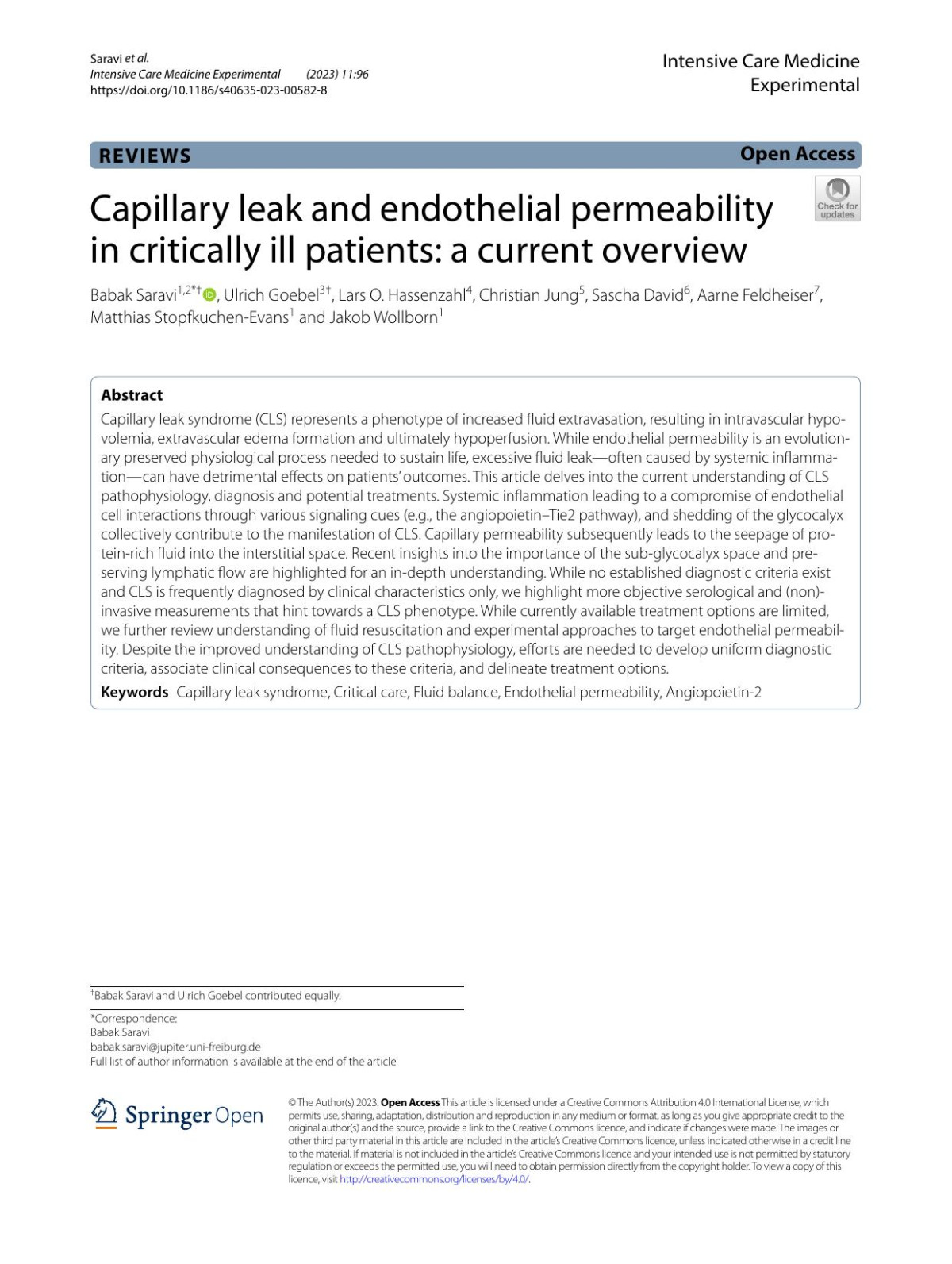 Capillary Leak And Endothelial Permeability In Critically Ill Patients A Current Overview Babak Saravi Ulrich Goebel Lars O Hassenzahl Christian Jung Sascha David Aarne Feldheiser Matthias Stopfkuchenevans Jakob Wollborn