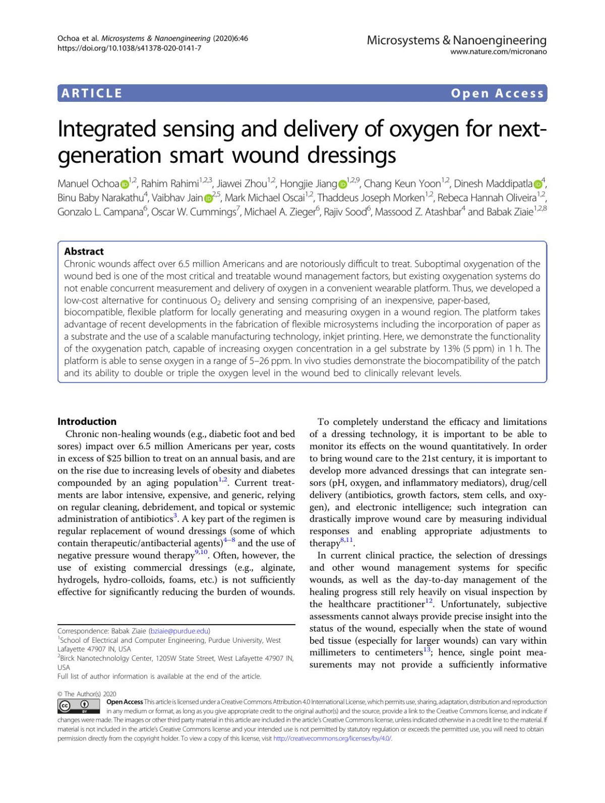 Integrated Sensing And Delivery Of Oxygen For Nextgeneration Smart Wound Dressings Manuel Ochoa