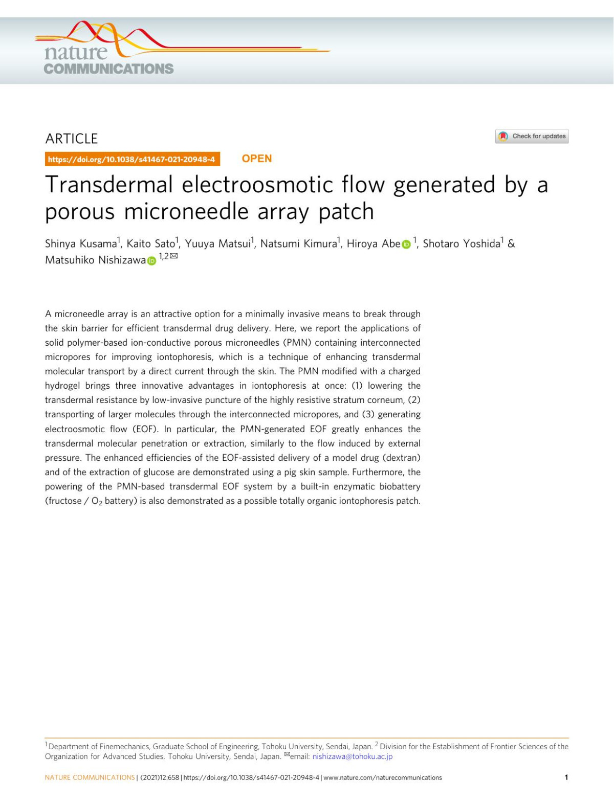Transdermal Electroosmotic Flow Generated By A Porous Microneedle Array Patch Shinya Kusama Kaito Sato Yuuya Matsui Natsumi Kimura Hiroya Abe Shotaro Yoshida Matsuhiko Nishizawa