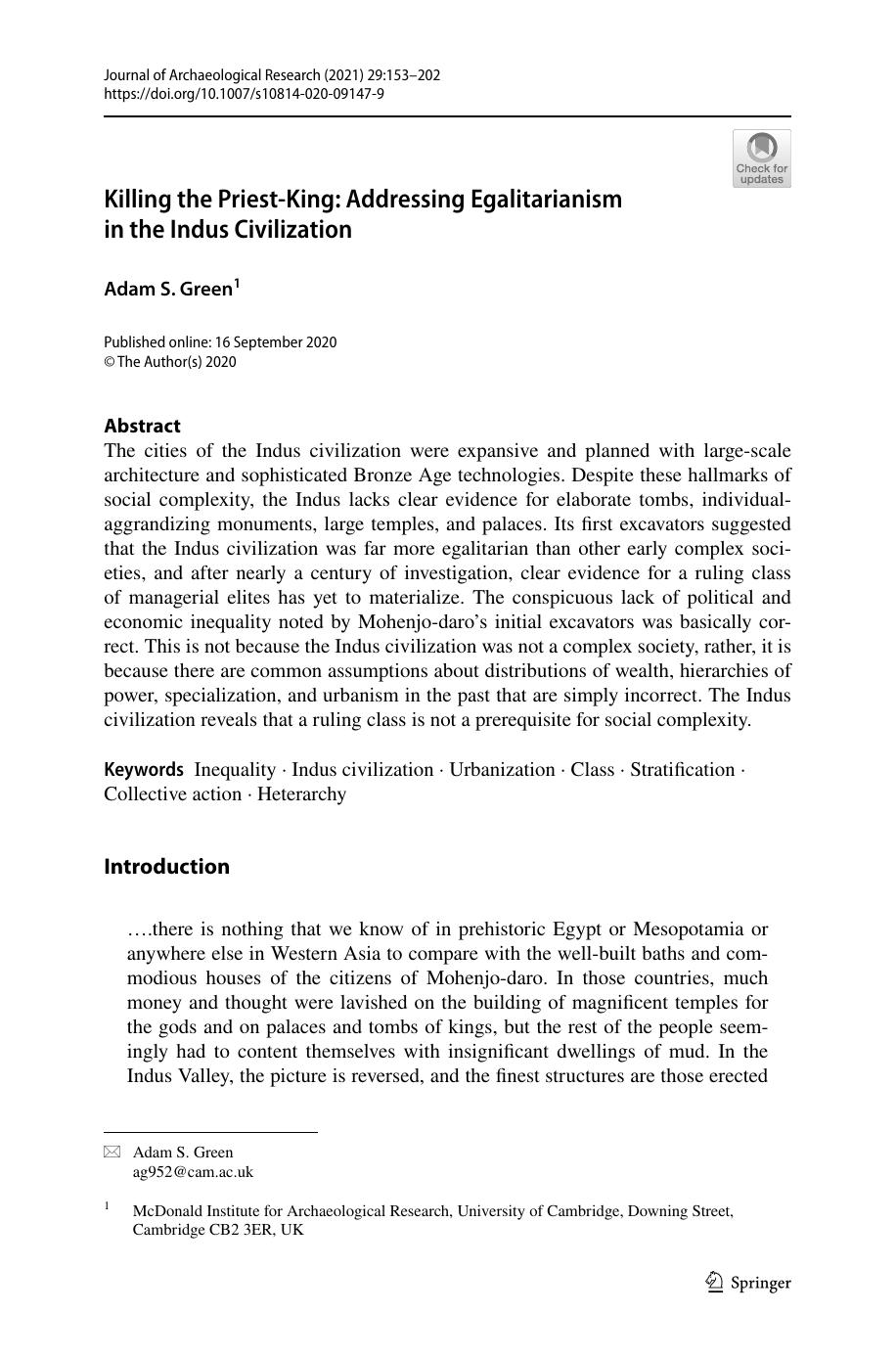 Killing The Priestking Addressing Egalitarianism In The Indus Civilization Adam S Green