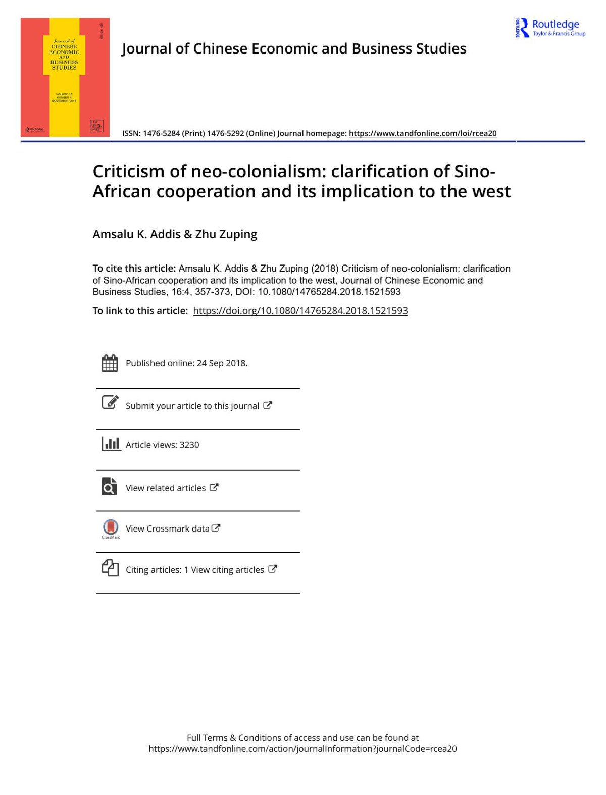 Criticism Of Neocolonialism Clarification Of Sinoafrican Cooperation And Its Implication To The West Amsalu K Addis Zhu Zuping
