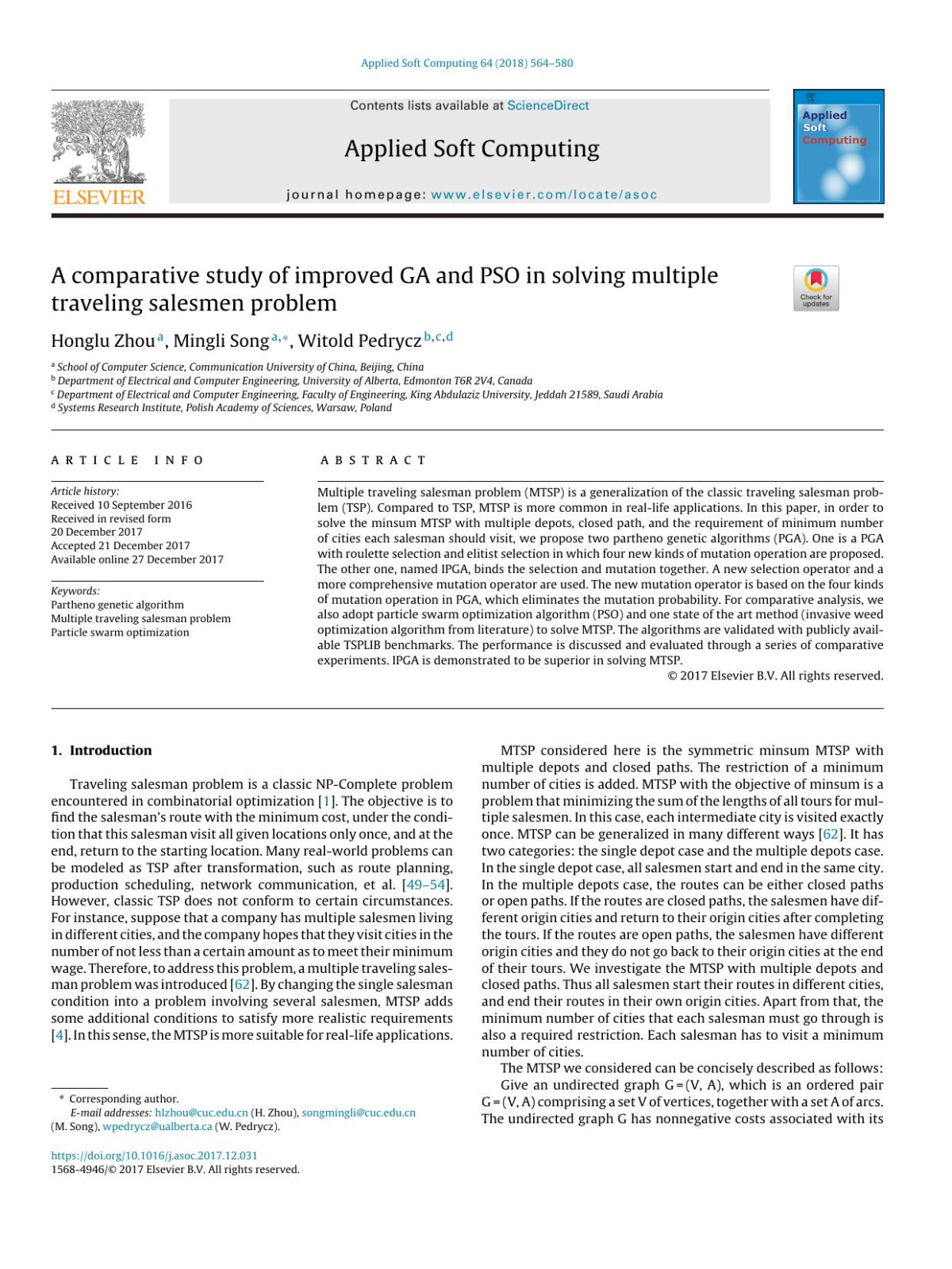 A Comparative Study Of Improved Ga And Pso In Solving Multiple Traveling Salesmen Problem Honglu Zhou Mingli Song Witold Pedrycz