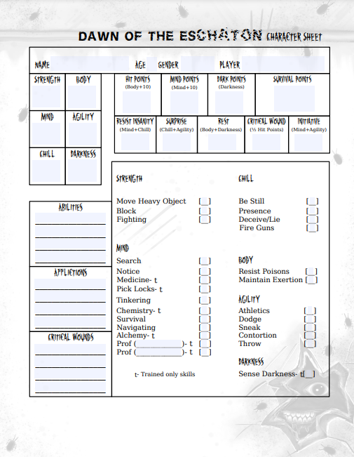 Dawn Of The Eschaton Character Sheet Zed Gammigen