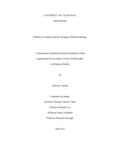 William Of Ockham And The Opening Of Phenomenology Phd Thesis Alison R Bjerke