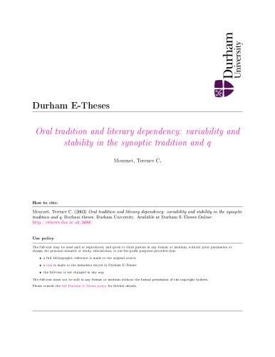 Oral Tradition And Literary Dependency Variability And Stability In The Synoptic Tradition And Q Terence C Mournet
