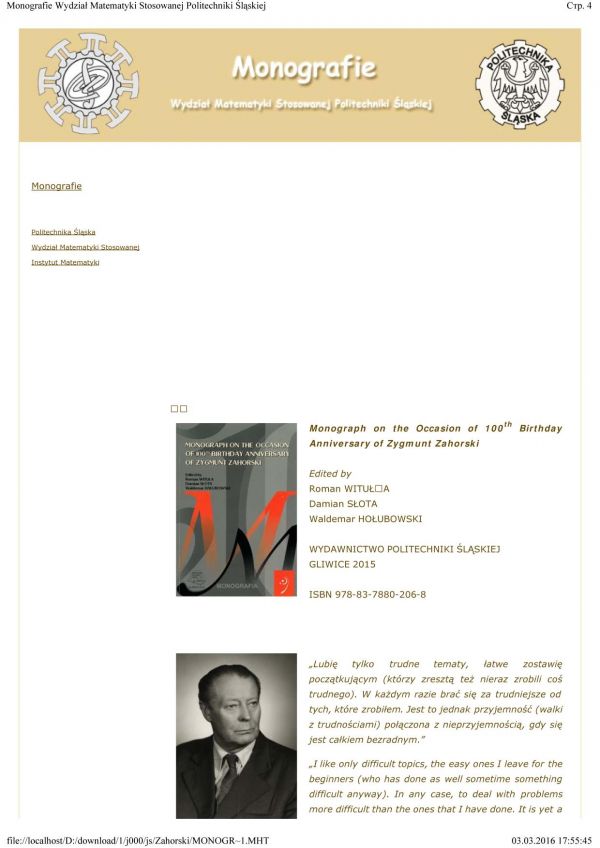 Monograph On The Occasion Of 100th Birthday Anniversary Of Zygmunt Zahorski Hetmaniok