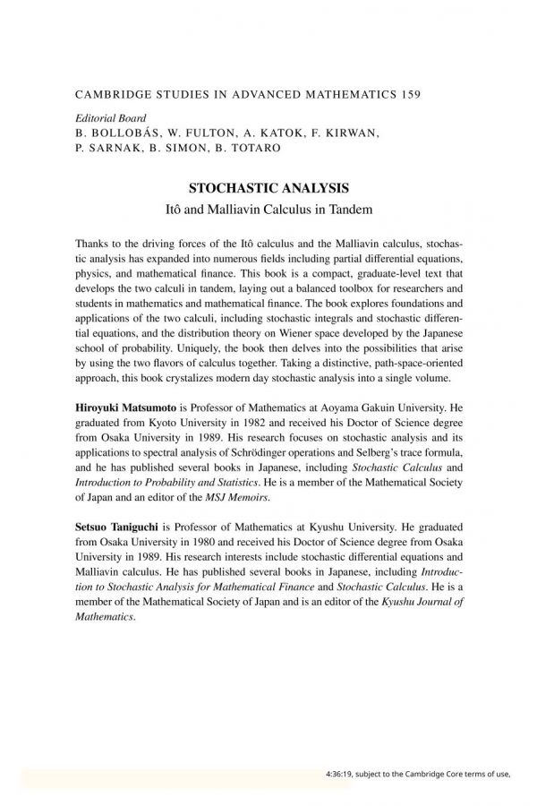Stochastic Analysis Ito And Malliavin Calculus In Tandem Tra Hiroyuki Matsumoto