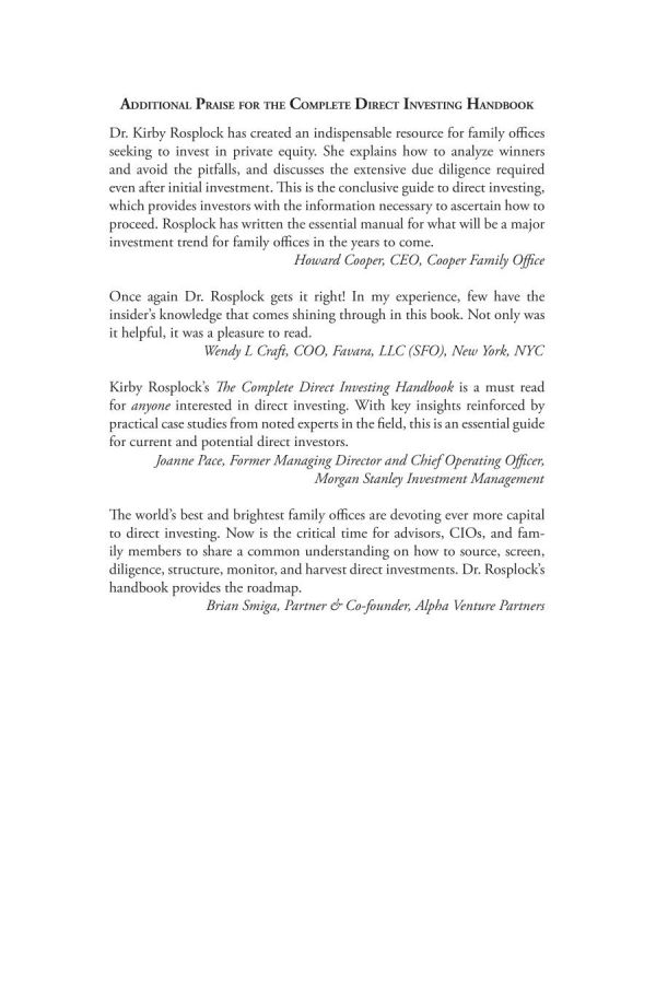 The Complete Direct Investing Handbook A Guide For Family Offices Qualified Purchasers And Accredited Investors Rosplock