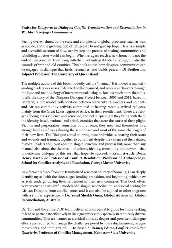 Diasporas In Dialogue Community Reconciliation In Worldwide Refugee Communities Barbara Tint