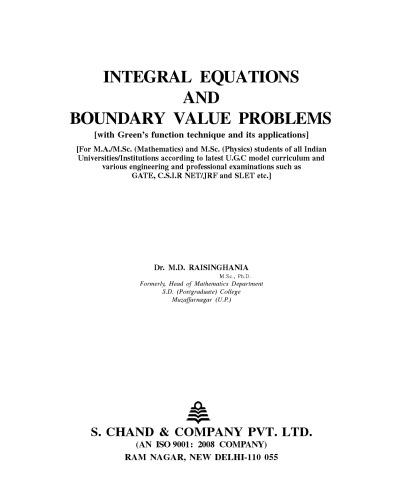 Integral Equation Boundary Value Problem 6th Revised M D Raisinghania