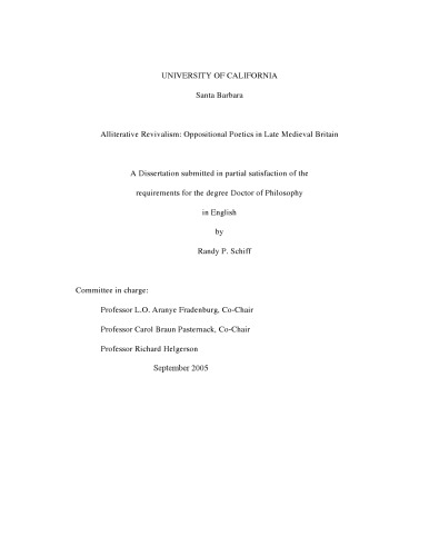Alliterative Revivalism Oppositional Poetics In Late Medieval Britain Randy P Schiff