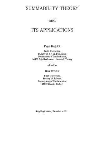 Summability Theory And Its Applications F Basar R Colak