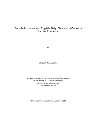 French Romance And English Piety Genre And Codex In Insular Romance Elizabeth Jane Watkins