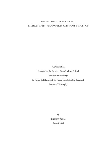 Writing The Literary Zodiac Division Unity And Power In John Gowers Poetics Kimberly Zarins