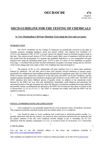 Test No 476 In Vitro Mammalian Cell Gene Mutation Tests Using The Hprt And Xprt Genes Oecd