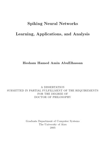 Spiking Neural Networks Learning Applications And Analysis Diss Hesham Hamed Amin Abuelhassan