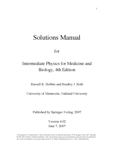 Solutions Manual For Intermediate Physics For Medicine And Biology 4th Russell K Hobbie