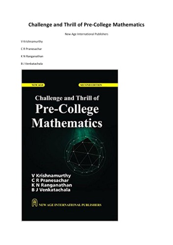 Challenge And Thrill Of Precollege Mathematics Krishnamurthy Pranesachar Ranganathan Venkatachala