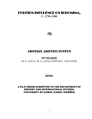 Foreign Influence On Igbomina C 17501900 Adeniyi Justus Aboyeji