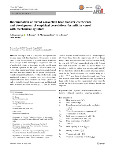 Determination Of Forced Convection Heat Transfer Coefficients And Development Of Empirical Correlations For Milk In Vessel With Mechanical Agitators Rajasekar