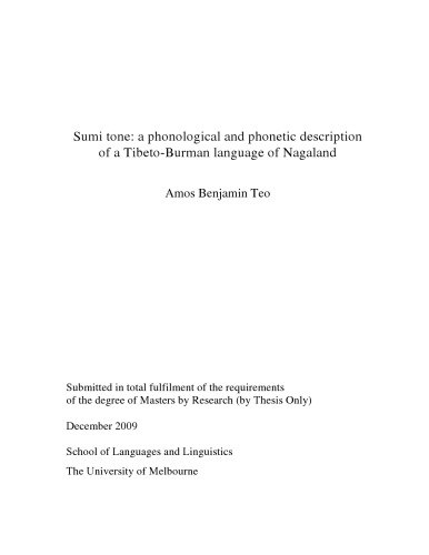 Sumi Tone A Phonological And Phonetic Description Of A Tibetoburman Language Of Nagaland Amos Benjamin Teo