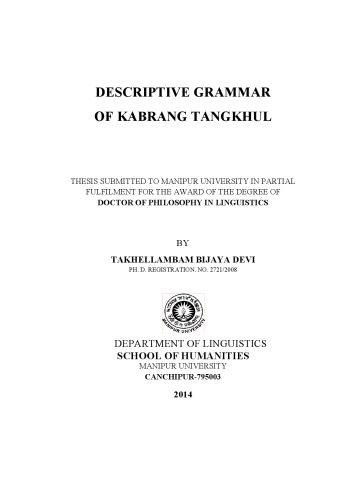 Descriptive Grammar Of Kabrang Tangkhul Takhellambam Bijaya Devi