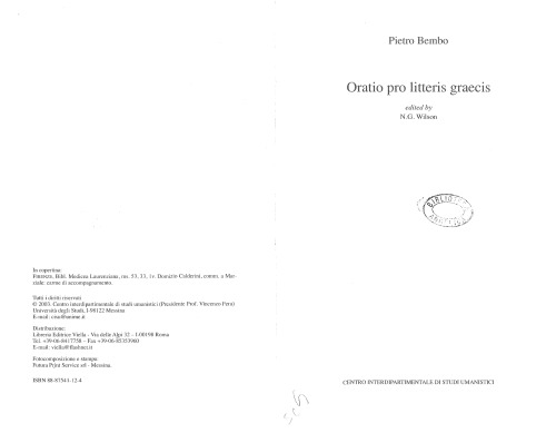 Oratio Pro Litteris Graecis Bembo Pietro Wilson Nigel Guy