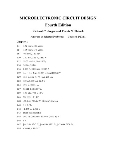 Microelectronic Circuit Design Answers To Selected Problems 4th Edition Richard C Jaeger