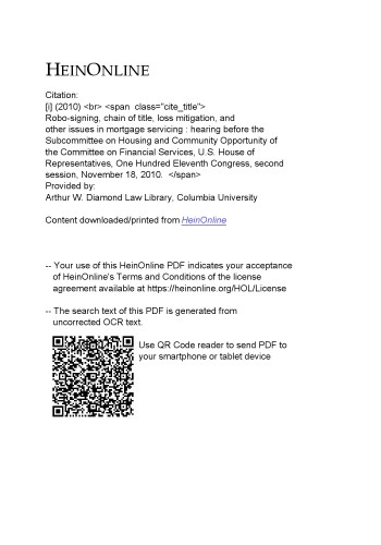 Robosigning Chain Of Title Loss Mitigation And Other Issues In Mortgage Servicing Hearing Before The Subcommittee On Housing And Community Opportunity Of The Committee On Financial Services Us House Of Representatives One Hundred Eleventh Congress Committee On Financial Services