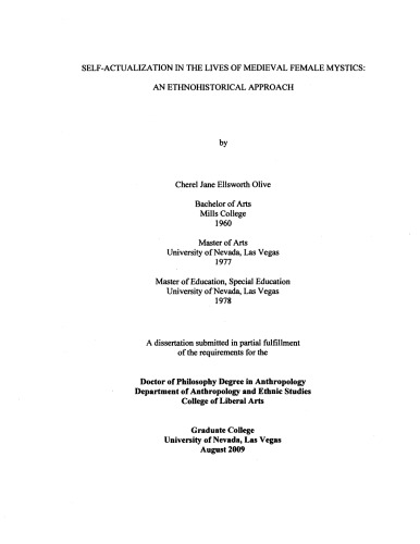 Selfactualization In The Lives Of Medieval Female Mystics An Ethnohistorical Approach Cherel Jane Ellsworth Olive