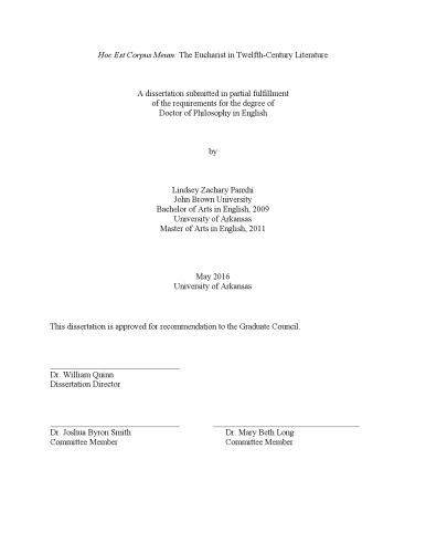 Hoc Est Corpus Meum The Eucharist In Twelfthcentury Literature Lindsey Zachary Panxhi