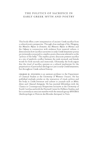 The Politics Of Sacrifice In Early Greek Myth And Poetry Hardcover Charles H Stocking
