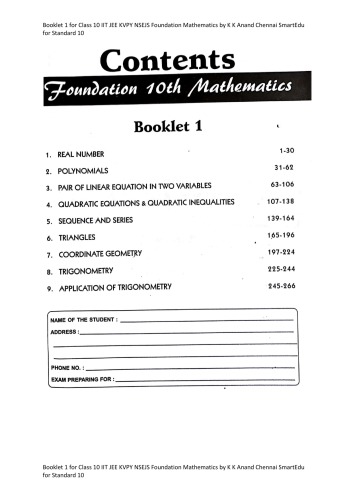 Booklet 1 For Class 10 K K Anand Chennai