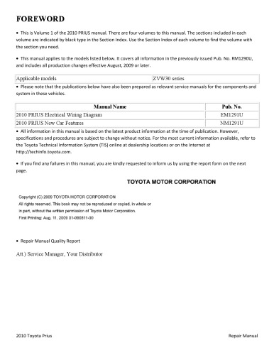 2010 Toyota Prius Repair Manual Toyota