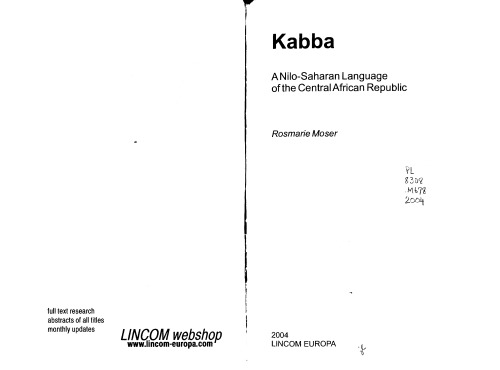 Kabba A Nilosaharan Language Of The Central African Republic Rosmarie Moser