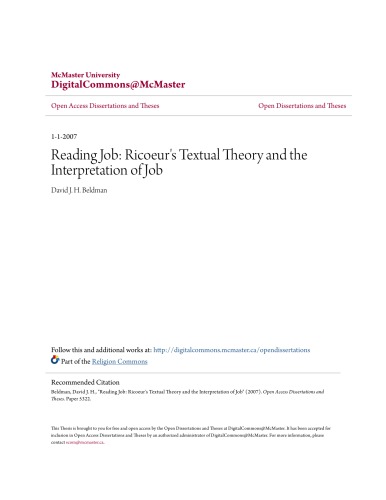 Reading Job Ricoeurs Textual Theory And The Interpretation Of Job David J H Beldman