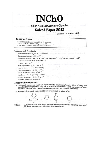 Incho And Nsec Solutions 2012 To 2017 Indian National Chemistry Olympiad And National Standard Exam In Chemistry Questions And Solutions Hbcse Chemistry Team Mumbai