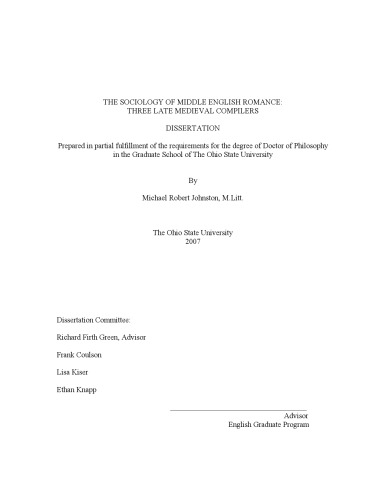 The Sociology Of Middle English Romance Three Late Medieval Compilers Michael Robert Johnston