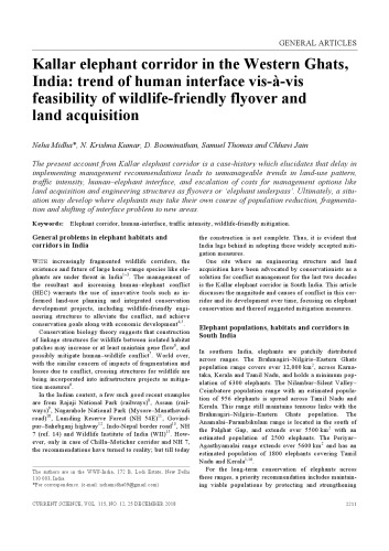 Kallar Elephant Corridor In The Western Ghats India Trend Of Human Interface Visavis Feasibility Of Wildlifefriendly Flyover And Land Acquisition Neha Midha