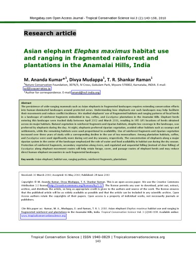 Asian Elephant Elephas Maximus Habitat Use And Ranging In Fragmented Rainforest And Plantations In The Anamalai Hills India M Ananda Kumar