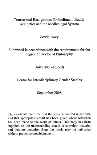 Transsexual Recognition Embodiment Bodily Aesthetics And The Medicolegal System Zowie Davy