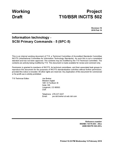 Scsi Primary Commands 5 Spc5 R19 R19 T10 Technical Committee