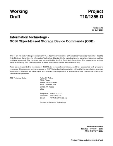 Scsi Objectbased Storage Device Commands Osd R10 R10 Ralph O Weber