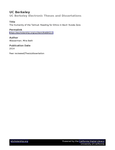The Humanity Of The Talmud Reading For Ethics In Bavli Avoda Zara Mira Beth Wasserman