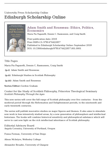 Adam Smith And Rousseau Ethics Politics Economics Hardcover Maria Pia Paganelli Dennis C Rasmussen Craig Smith