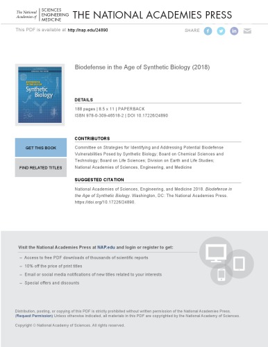 Biodefense In The Age Of Synthetic Biology Committee On Strategies For Identifying And Addressing Potential Biodefense Vulnerabilities Posed By Synthetic Biology