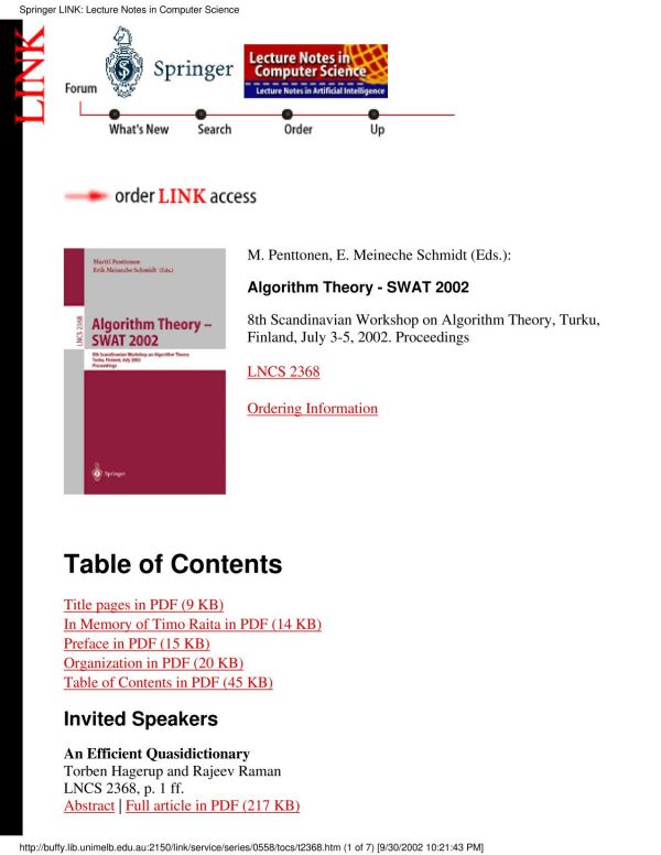 Algorithm Theory Swat 2002 8th Scandinavian Workshop On Algorithm Theory Turku Finland July 35 2002 Proceedings 1st Edition Torben Hagerup